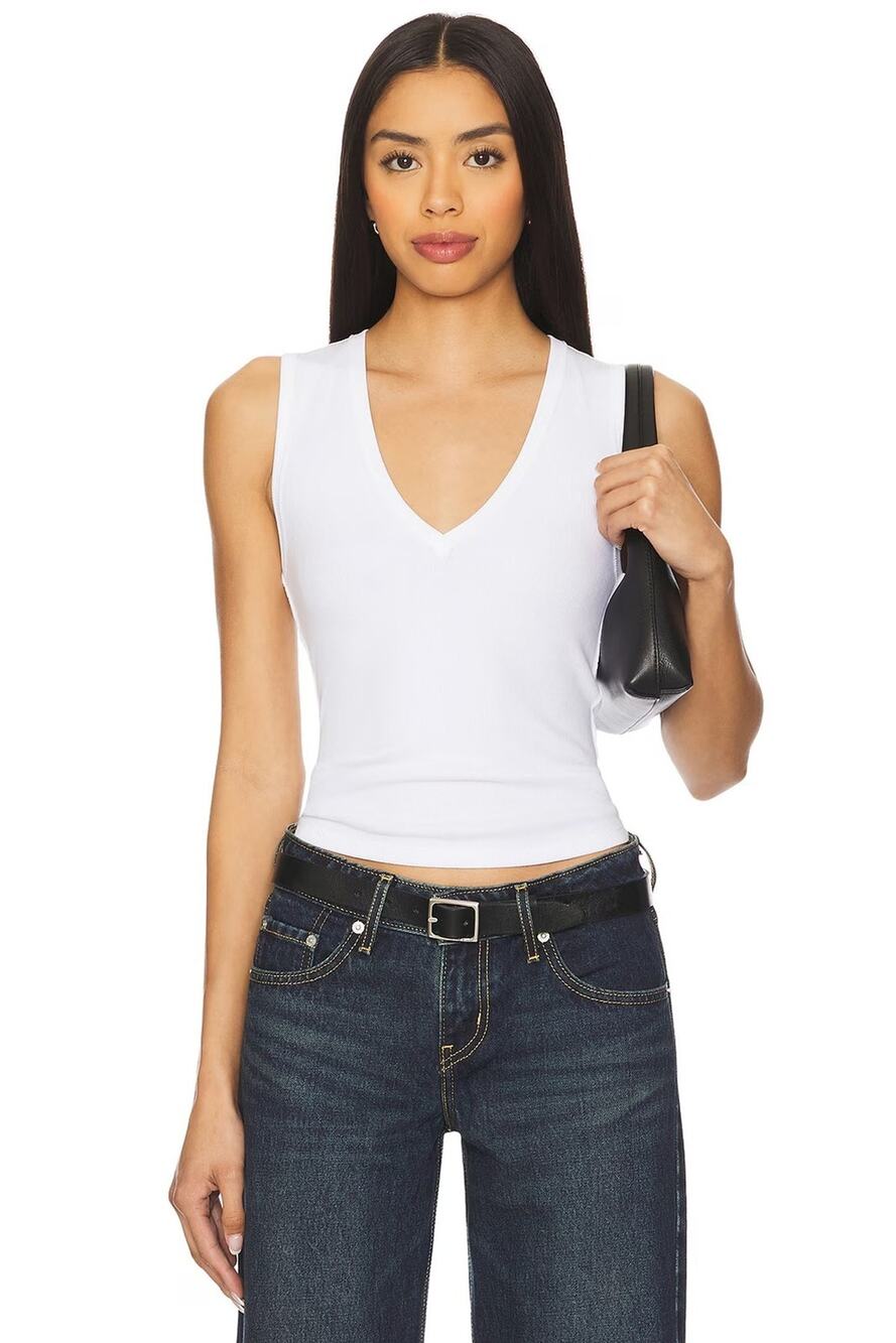 We The Free People Womens S White Neria Ribbed V-Neck Tank Top Minimalist D7-1